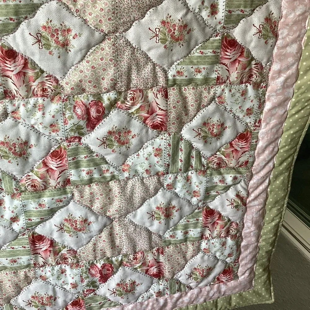NWT Hand Crafted Floral Patchwork of Roses Quilt - Pink s and Greens
